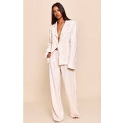 PrettyLittleThing Petite Neutral Linen Pleat Trousers - Camel