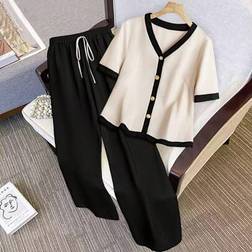 Shein Plus Size Women Woven Colorblock Splice V-Neck Short Sleeve Cardigan Set - Elegant Classy Style