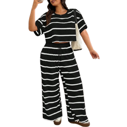 Shein EZwear Plus Size Summer Striped T-Shirt And Pants 2 Pieces Set 2 Piece Sets Woman