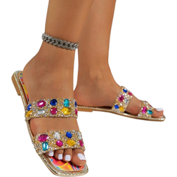 Shein Rhinestone Embellished Women Flat Sandals, Comfortable Casual Outdoor Slip-On Beach Party Sandals