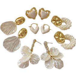 Shein 5pcs/Set Elegant Minimalist Retro Round Faux Pearl Zirconia Shell Drop Oil Heart French Style Versatile Luxury Feeling Earrings Suit, Suitable For Women's Daily And Festival Wear