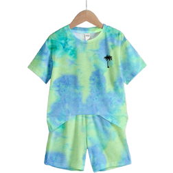 Shein Boys Casual Coconut Tree Landscape Print Short Sleeve T-Shirt And Shorts Set - Summer