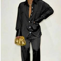 Shein Long-Sleeved Satin Lapel Shoulder Sleeved Shirt Set