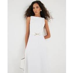 River Island Boat Neck Sleeveless Belted Midi Dress - White