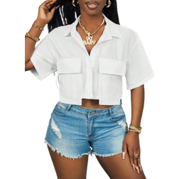 Shein Slaydiva 2025 New Ladies Casual Stree Pocket Short Sleeve Shirt Collar Loose Crop White Drop Shoulder Shirt Women Blouses,Spring/Summer,Casual Daily Wear,Music Festival