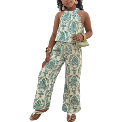 Shein 2pcs Tween Girl Vacation Basic Halter Blouse + Wide-Leg 3/4 Pants Floral Woven Set
