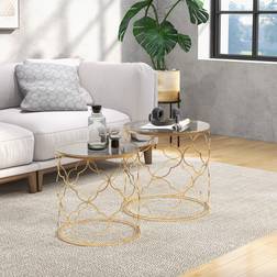 Homcom Tables Set of 2 Side End with Glass Top Gold Tone Nesting Table