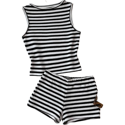 Shein Teen Girls Summer Striped Round Neck Camisole And Shorts Casual Set - Colorblock