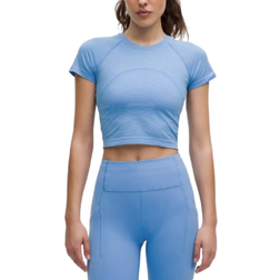 Lululemon Swiftly Tech Cropped Short-Sleeve Shirt 2.0 - Spandex Stripe Pool Party/White