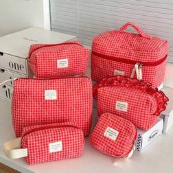 Shein Red Grating Quilting Large Capacity Cosmetic Bag