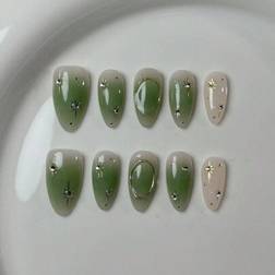 Shein Handmade Natural Almond Nail 3D Star Decor - Green