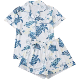 Shein 2pcs/Set Cute Ocean Theme Sea Turtle Printed Women Pajamas Set, Short Sleeve Collared Top & Relaxed Elastic Waist Shorts, Casual Sleepwear Loungewear, All Seasons, Two Pieces Set