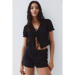 H&M Ladies Crinkled Tie-Front Top - Black