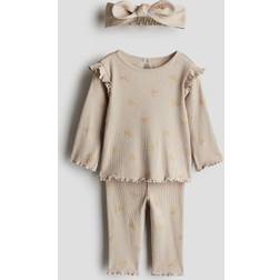 H&M Bows 3-Piece Ribbed Cotton Set - Beige/Bows