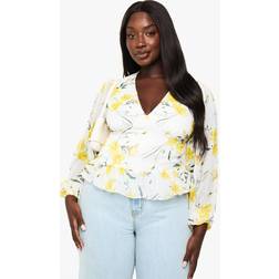 boohoo Plus Printed Chiffon Ruffle Hem Blouse - White