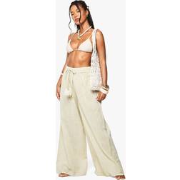 boohoo Womens Linen Tassel Wide Leg Beach Trousers - Beige