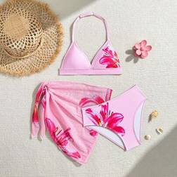 Shein Tween Girls Pink Floral Print Halterneck Set