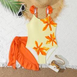 Shein Tween Girls Printed One-Piece Swimsuit - Orange