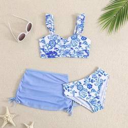 Shein Young Girls Floral Print Bikini Set With Cover-Up Skirt