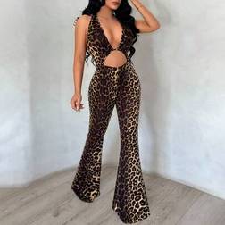Shein Street Fashion Leopard Print Deep V Neck Jumpsuit