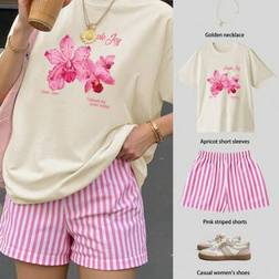 Shein Flower Print Short Sleeved Tops Shorts - Plus Size