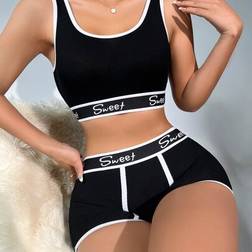 Shein Yoga Letter Tape Contrast Binding Bra Boyshorts Set