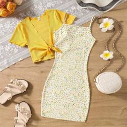 Shein Tween Girls Vacation Casual Small Ditsy Floral Camisole Dress Solid Color Blouse 2pc Set