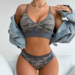 Shein Yoga Camouflage Print Seamless Bra Panty Lingerie Set