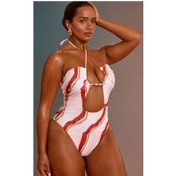 PrettyLittleThing Marble Print Beaded Halterneck Swimsuit - White