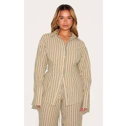 PrettyLittleThing Shape Olive Striped Lace Up Cinched Back Button Front Shirt