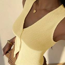 Shein Damen Senffarbene V-Ausschnitt Offene Vorderseite Gestrickte Weste - Sommer