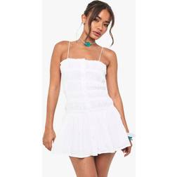 boohoo Womens Cotton Shirred Bandeau Button Mini Dress - White