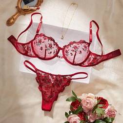 Shein Heart Stone Decor Embroidered Lingerie Set - 2pcs