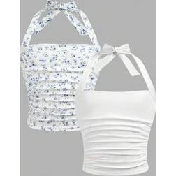 Shein Tween Girls 2-In-1 Casual Blue White Ditsy Floral Camisole - Blue/White