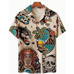 Shein Leopard Skull Beach Vacation Printed Short Sleeve Shirt - Khaki