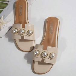 Shein Faux Pearl Flat Slippers Open Toe Slide Sandals