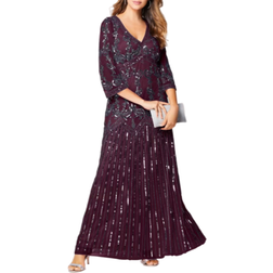 Roaman's Beaded V Neck Gown Plus Size - Dark Berry