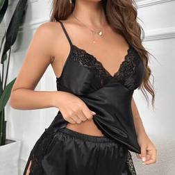 Shein Lace Trim Satin Cami Top Shorts PJ Set