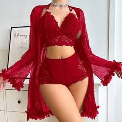 Shein Women Lace Long Sleeve Robe Camisole Shorts Set