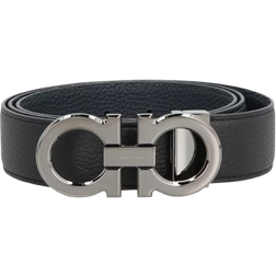 Ferragamo Reversible & Adjustable Double Gancini Belt - Black/Marine Blue