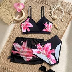 Shein Tween Girls Tropical Floral Print Bikini Set - Black