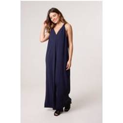 Blue Vanilla Navy Wide Leg Side Pocket Double V Jumpsuit -