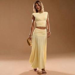 Shein Summer Butter Yellow Boatneck Waist Pinching Top Set - Birthday