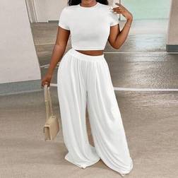 Shein Casual Solid Crop Round Neck Short Sleeve Tee Loose Wide Leg Pants - Two Pieces