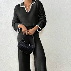Shein Women Casual Drop Shoulder Loose V-Neck Sweater Set