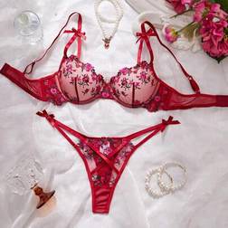 Shein Sexy Women Lingerie Set Burgundy Bra Panty Mesh Ditsy - Burgundy Bra Panty