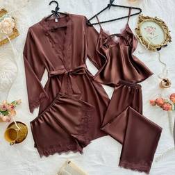 Shein Women Sexy Lace Camisole Floral Trim Shorts - Coffee Color