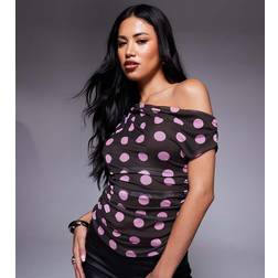 Kaiia Exclusive Double Layered Slinky Mesh Drape Off Shoulder Top - Brown/Pink