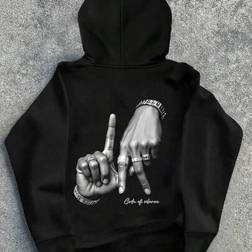 Shein Casual Minimalist Hand Gesture Pattern Hoodie Sweatshirt - Black