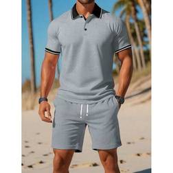 Shein Men's Casual Polo Shirt And Shorts Set - Breathable